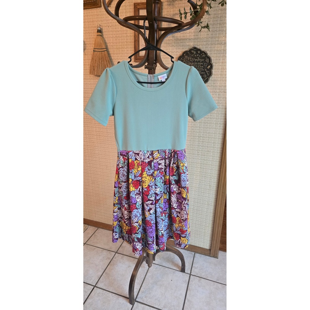 LuLaRoe Amelia Dress Medium Sage Green Floral Short Sleeve Pockets Back Zip